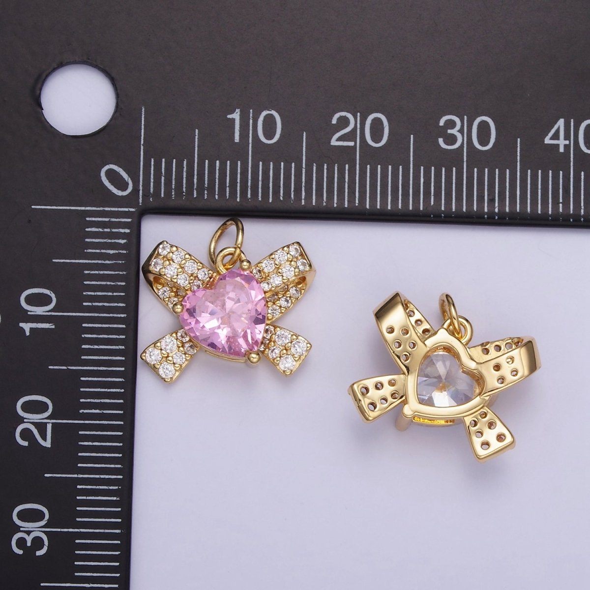 24K Gold Filled Pink, Clear CZ Micro Paved Ribbon Charm | D285