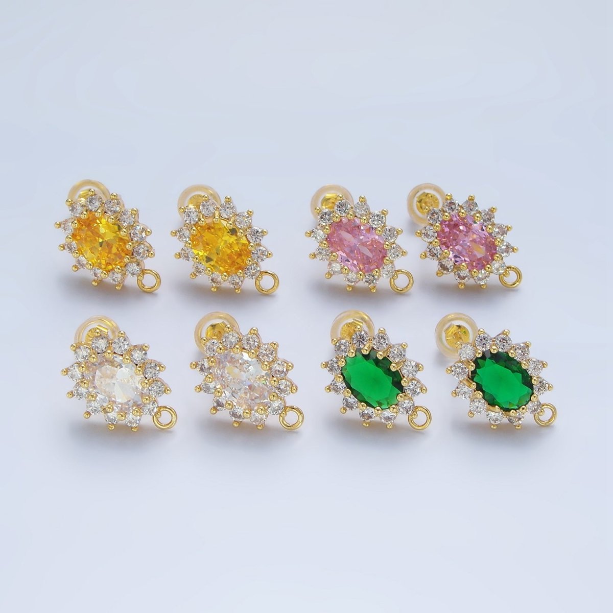 24K Gold Filled Pink, Clear, Green, Orange CZ Sunburst Open Loop Drop Stud Earrings Findings | Z985 - Z988
