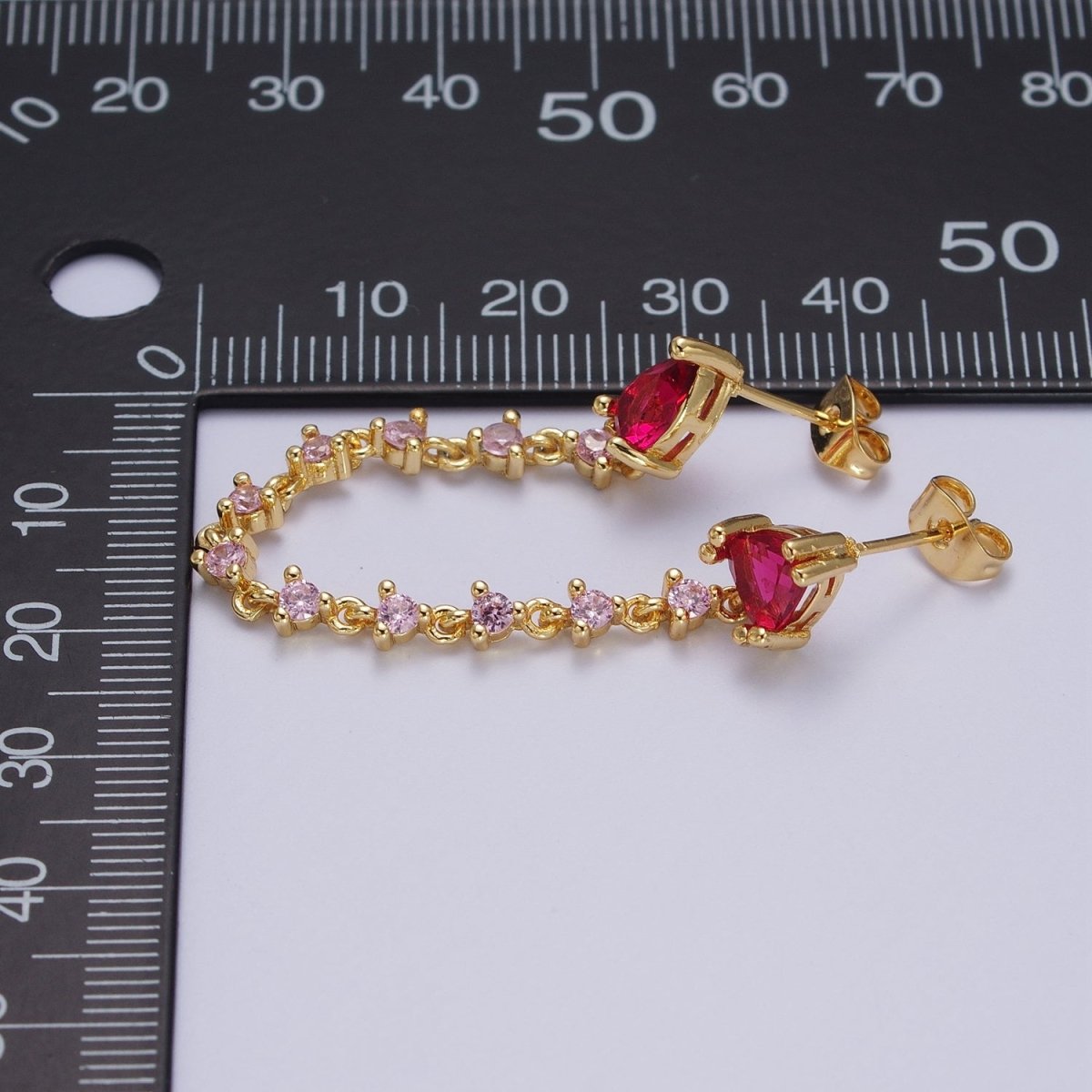 24K Gold Filled Pink Cubic Zirconia Chain Link Double Fuchsia Teardrop Stud Earrings | Y-117 - DLUXCA