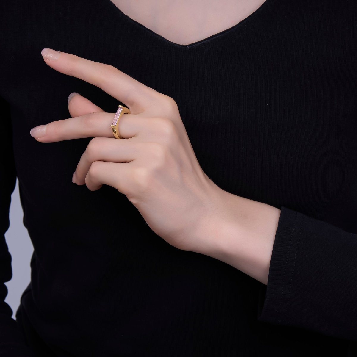 24K Gold Filled Pink CZ Baguette Linear Ring | O1432 - DLUXCA