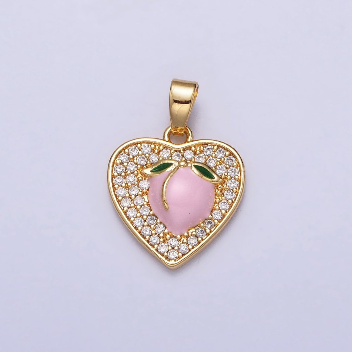 24K Gold Filled Pink Enamel Peach Fruit Clear Micro Paved Heart Pendant | AA107 - DLUXCA