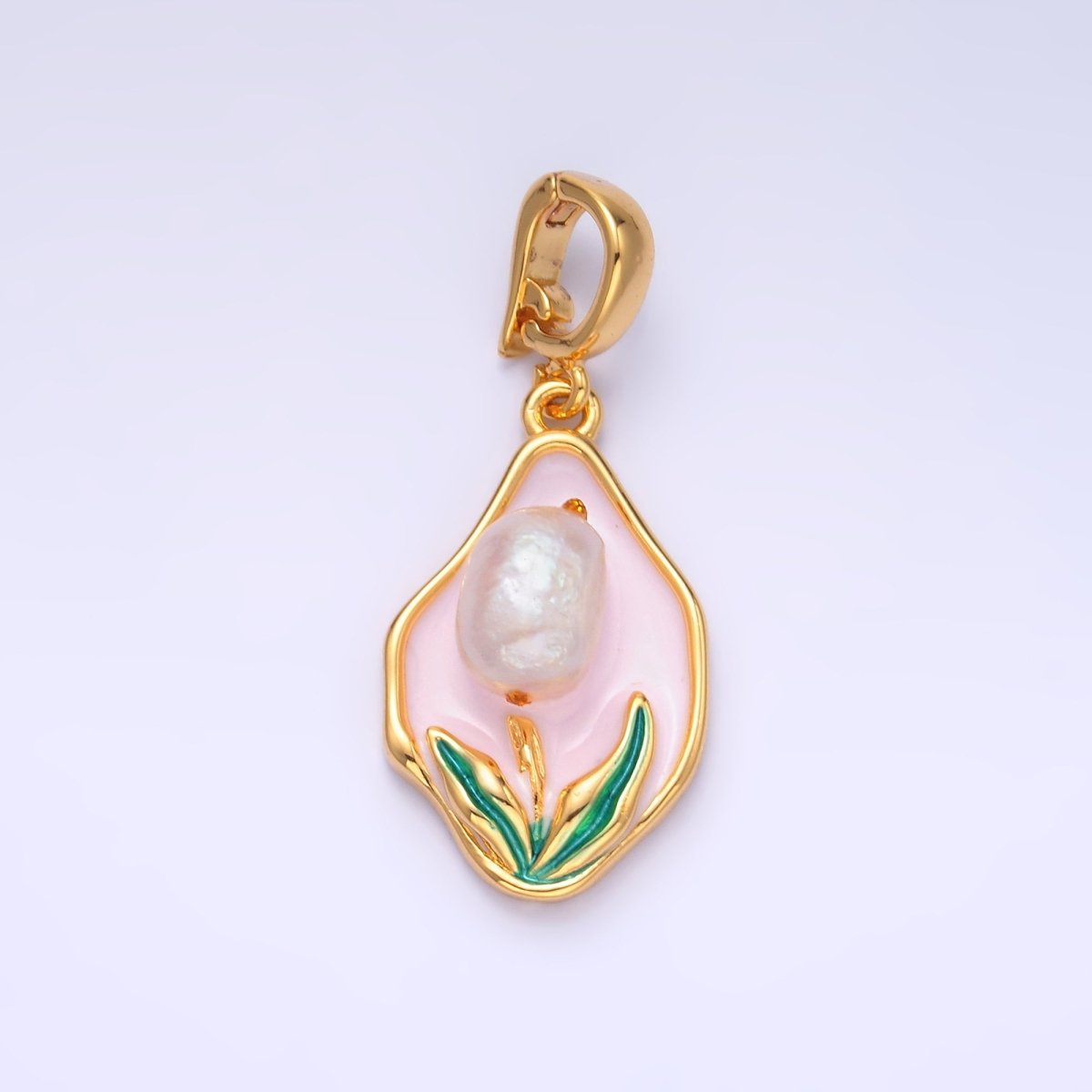 24K Gold Filled Pink Enamel Tulip Charm with Snap Bail Pendant | AA - 1467 - DLUXCA