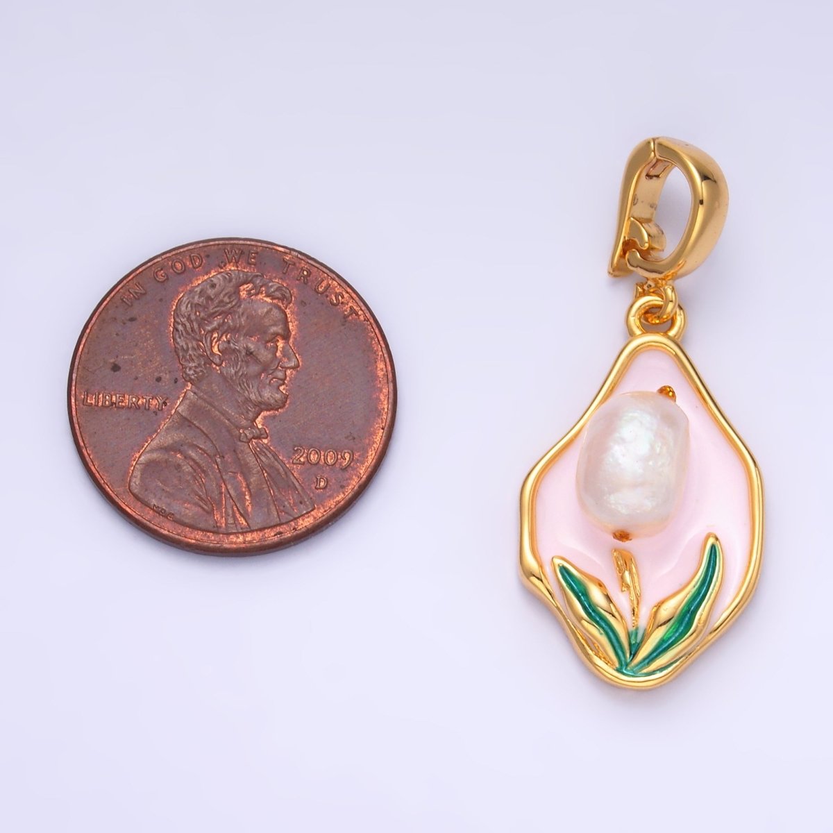 24K Gold Filled Pink Enamel Tulip Charm with Snap Bail Pendant | AA - 1467 - DLUXCA