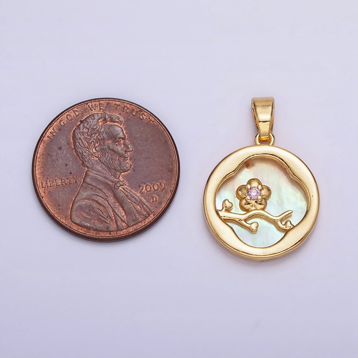 24K Gold Filled Pink Flower CZ Branch Shell Pearl Quatrefoil Round Pendant | AA576 - DLUXCA