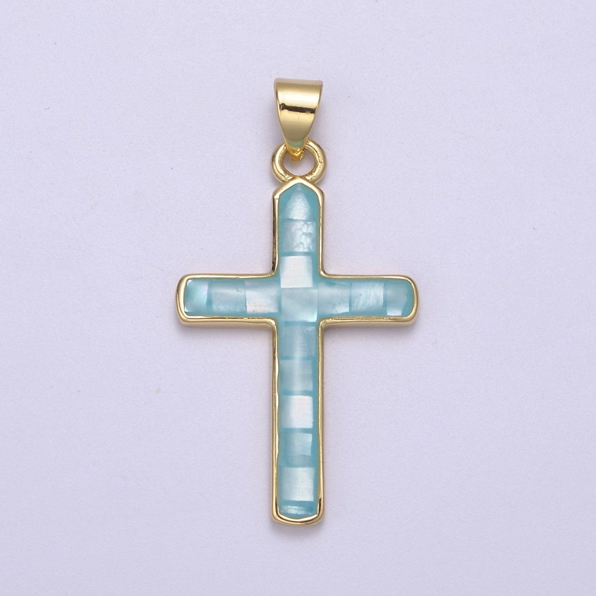 24K Gold Filled Pink / Green / Blue Opal Shell Religious Minimalist Cross Pendant H-745 H-747 H-763
