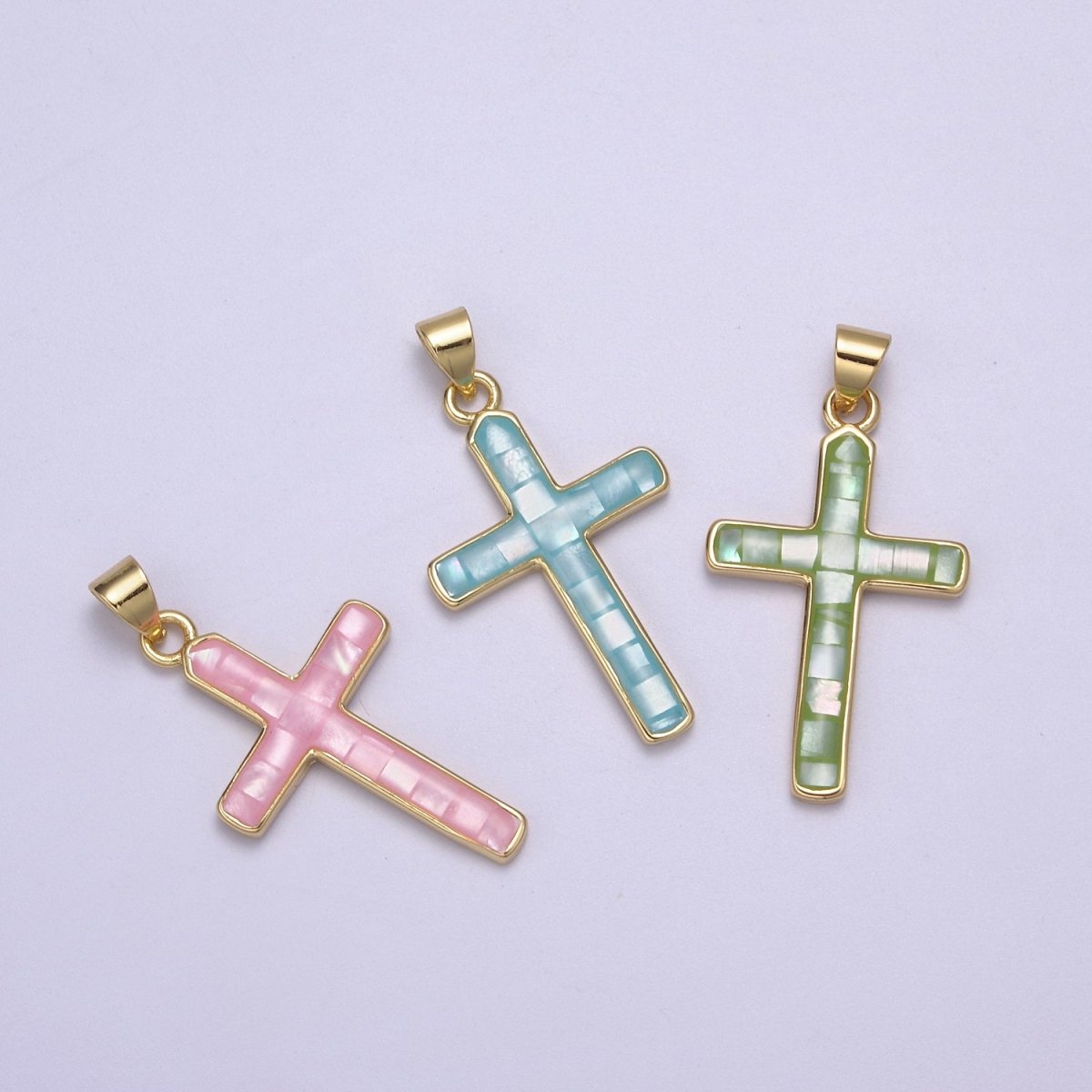 24K Gold Filled Pink / Green / Blue Opal Shell Religious Minimalist Cross Pendant H-745 H-747 H-763