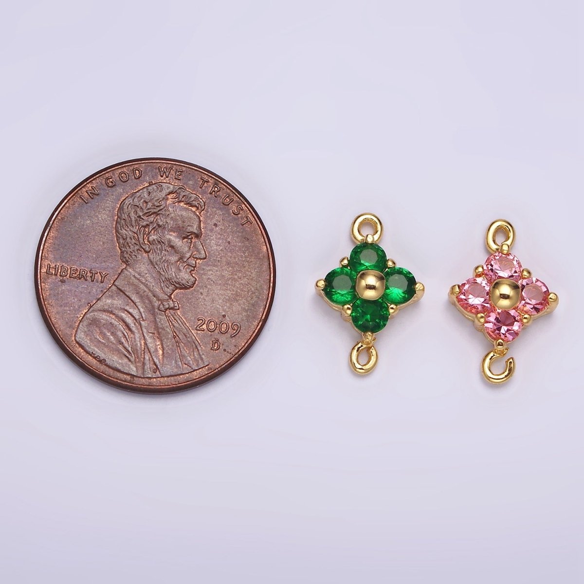 24K Gold Filled Pink, Green CZ Quatrefoil Clover Connector | G808 G809
