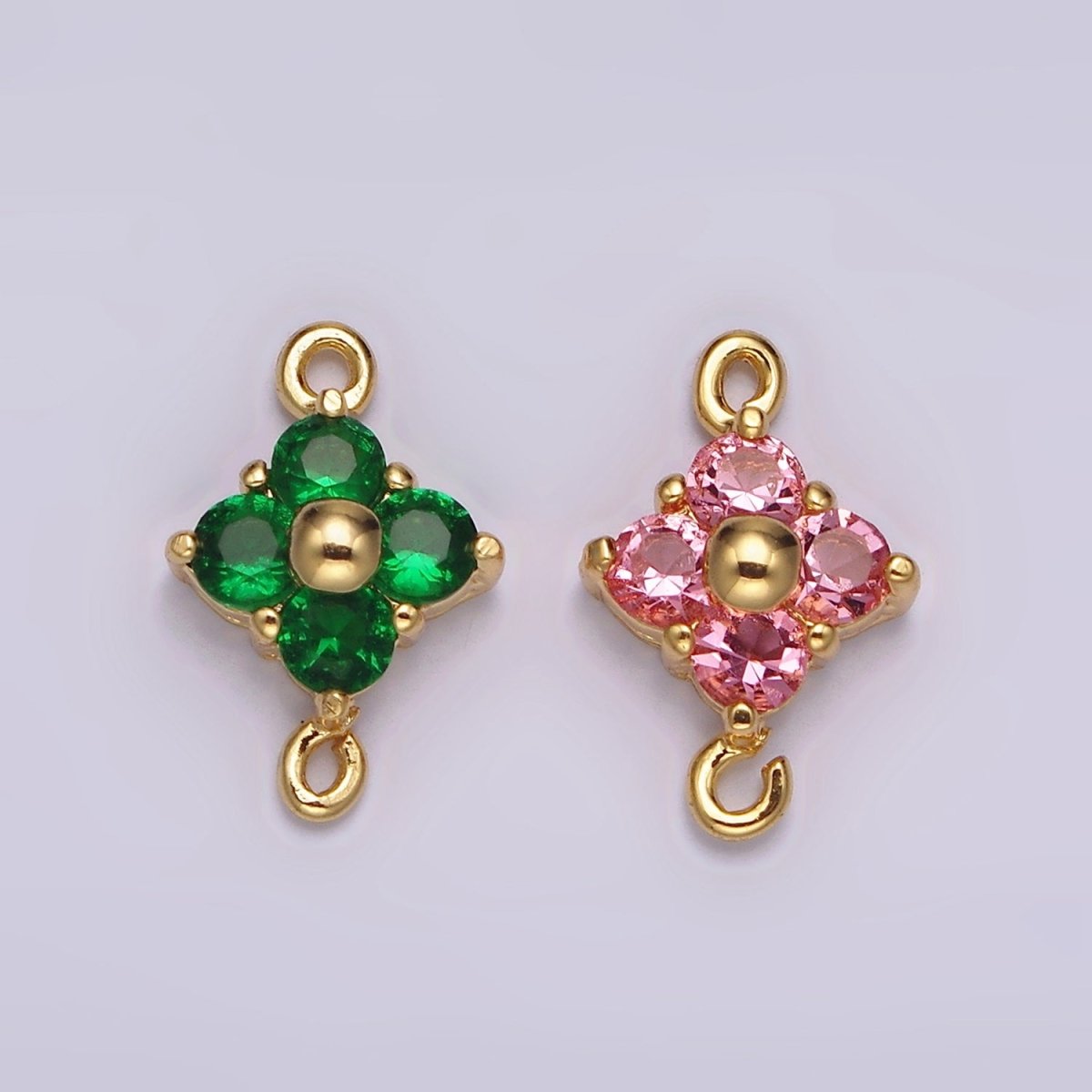 24K Gold Filled Pink, Green CZ Quatrefoil Clover Connector | G808 G809