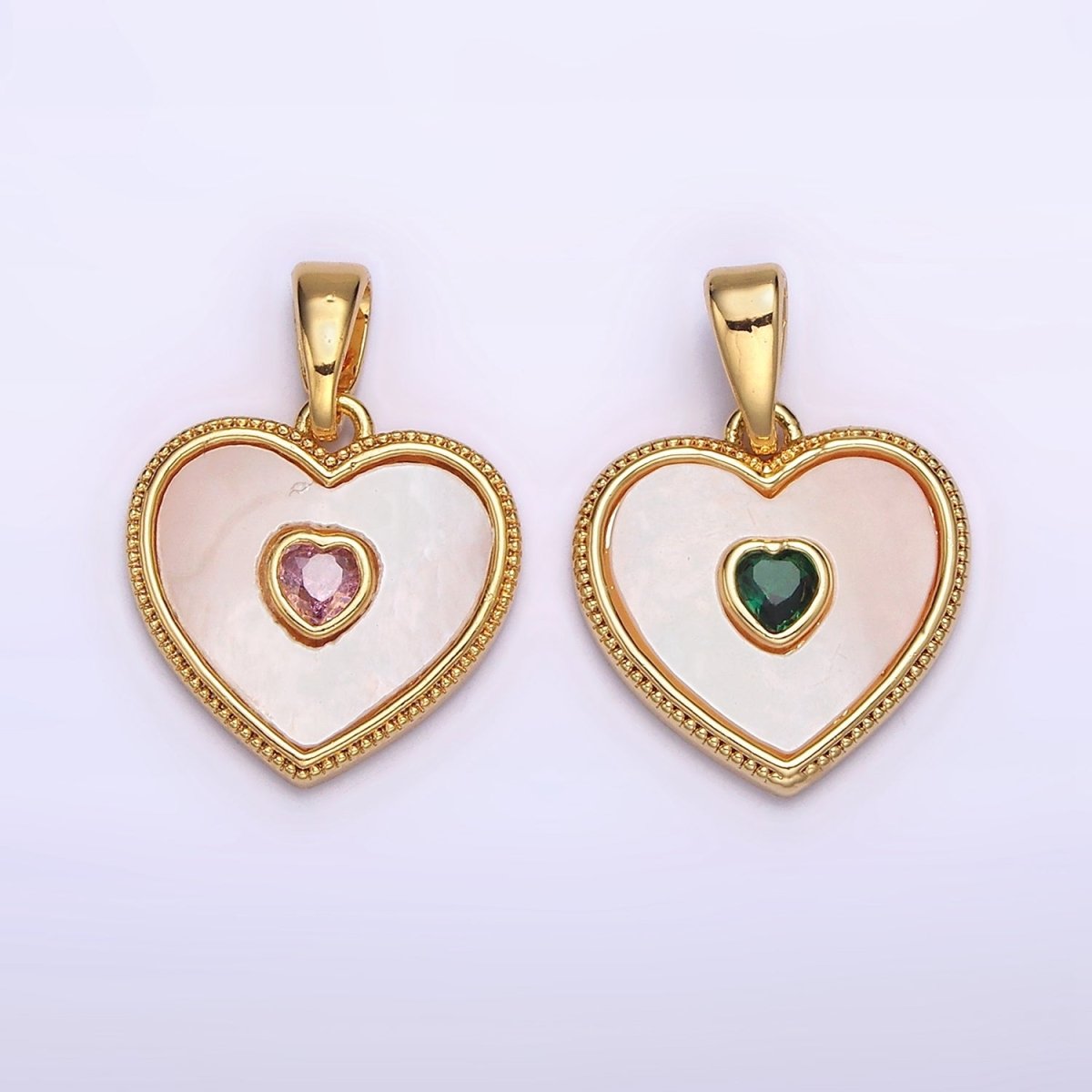 24K Gold Filled Pink, Green CZ Shell Pearl Beaded Heart Pendant | AA573 AA574