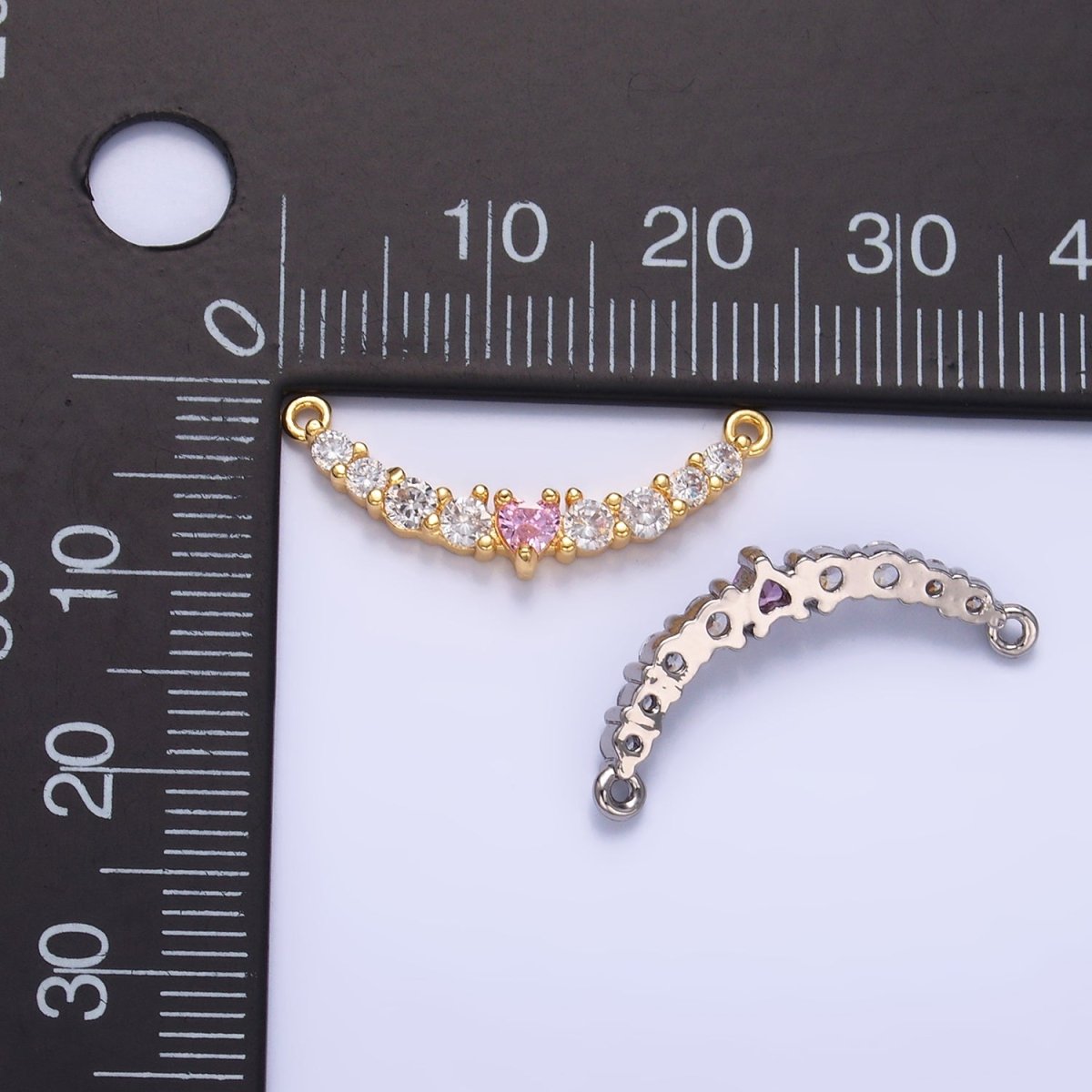 24K Gold Filled Pink Heart CZ Micro Paved Curved Connector in Gold & Silver | Y004