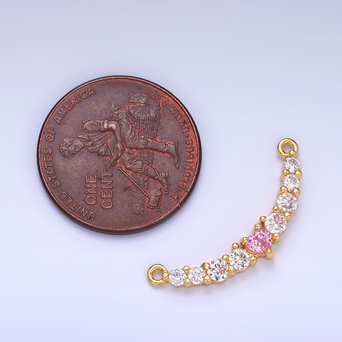 24K Gold Filled Pink Heart CZ Micro Paved Curved Connector in Gold & Silver | Y004