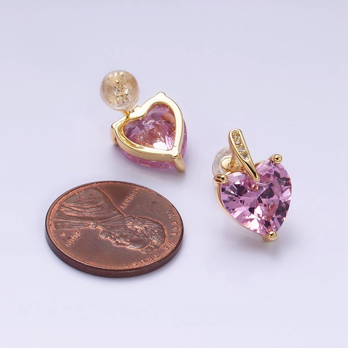 24K Gold Filled Pink Heart CZ Micro Paved Stud Earrings in Gold & Silver | AB308 AD1140