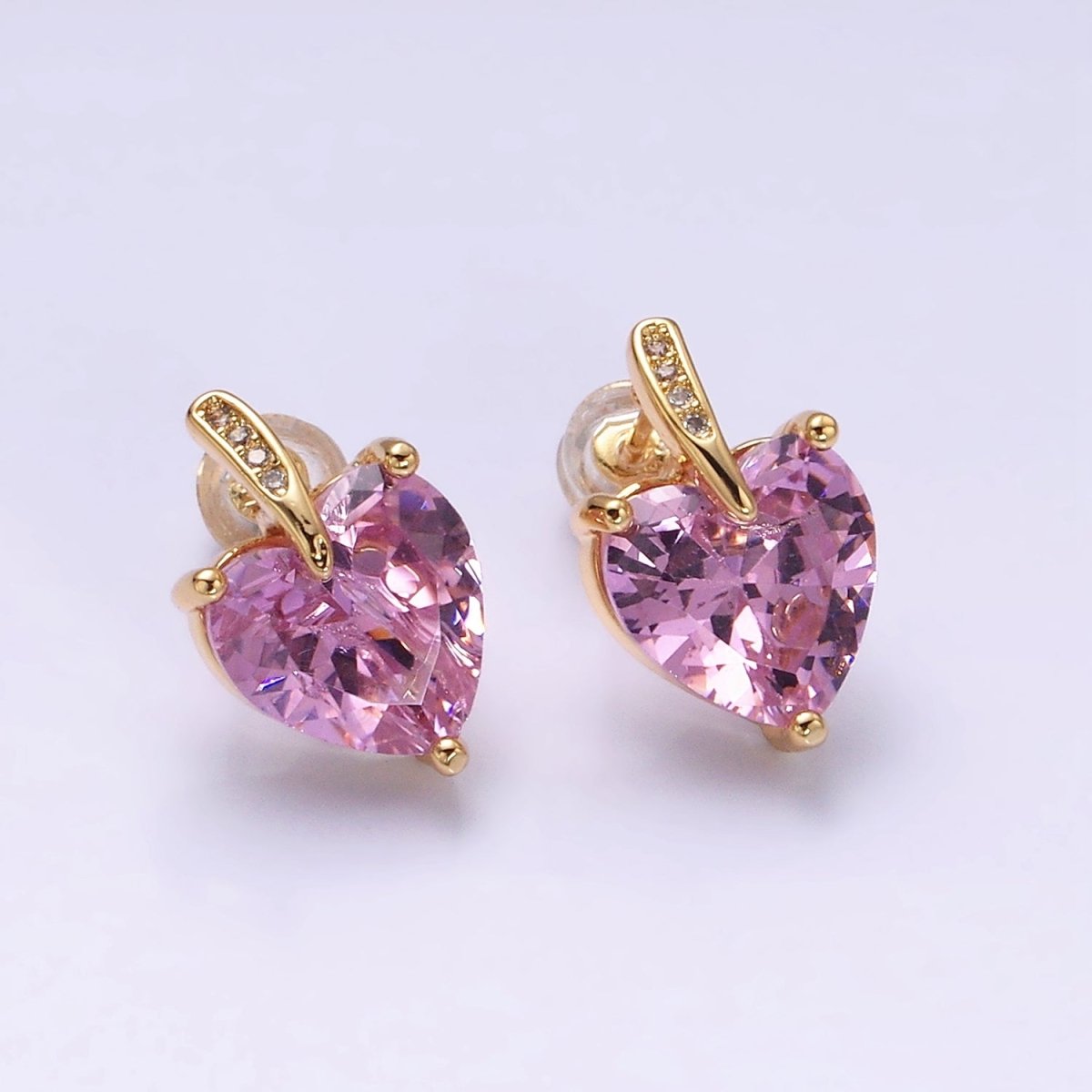 24K Gold Filled Pink Heart CZ Micro Paved Stud Earrings in Gold & Silver | AB308 AD1140