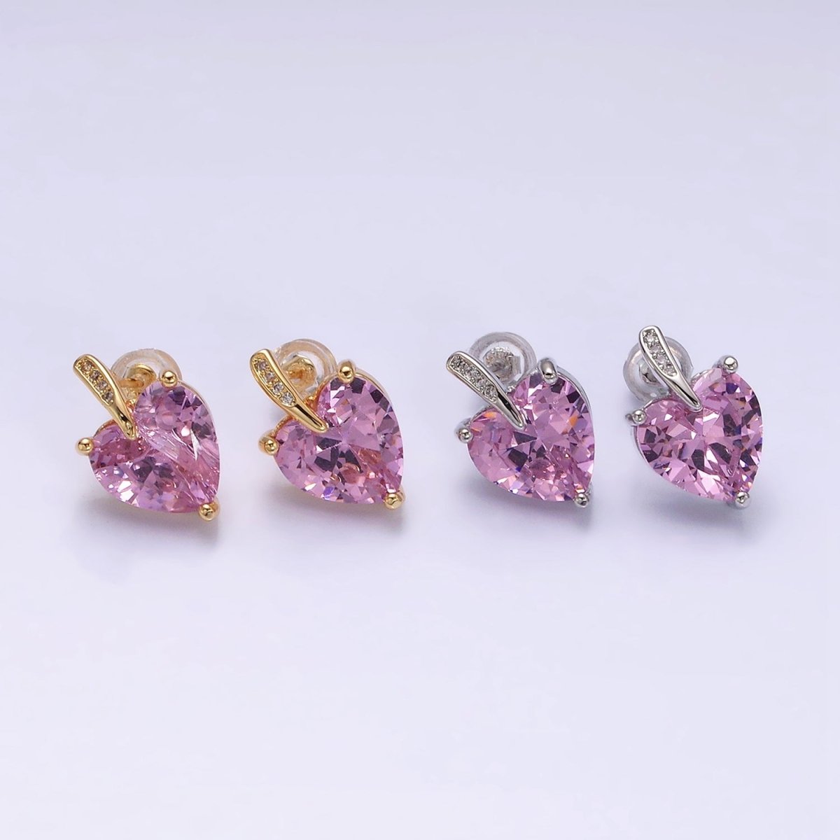 24K Gold Filled Pink Heart CZ Micro Paved Stud Earrings in Gold & Silver | AB308 AD1140