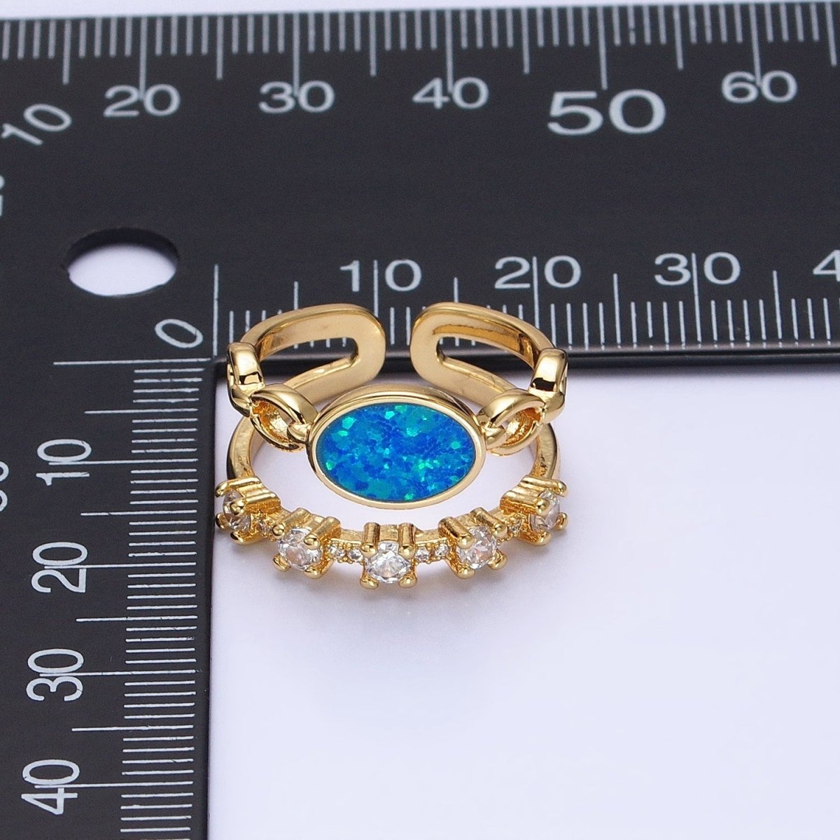 24K Gold Filled Pink, Purple, Blue Oval Opal Cable Link Clear CZ Double Band Ring in Gold & Silver | O-1797~O-1802