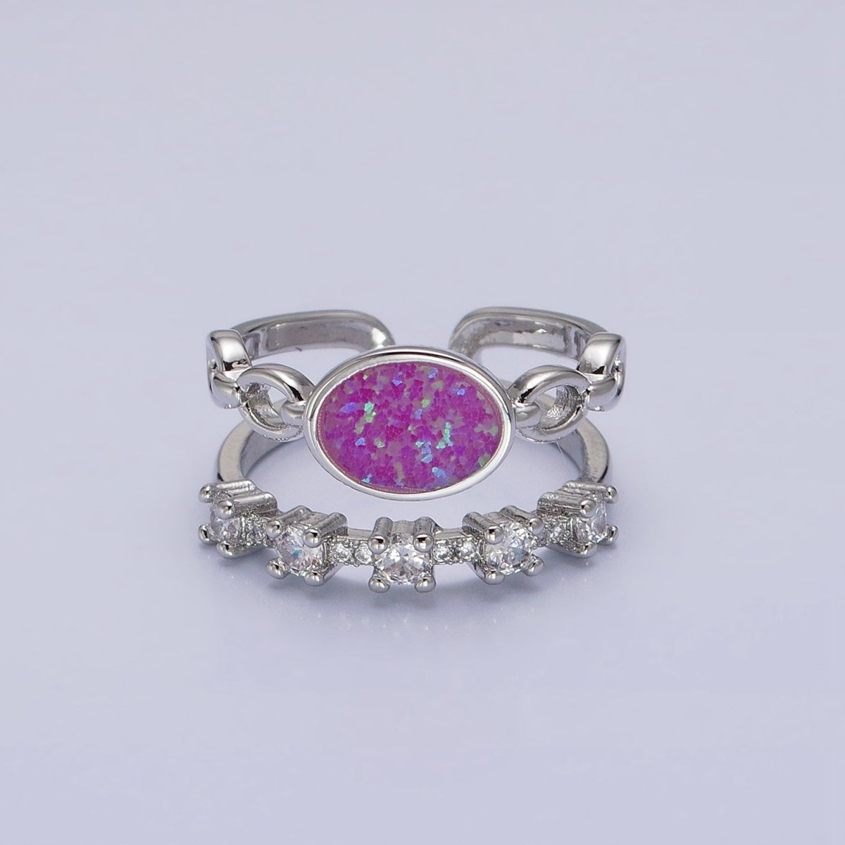 24K Gold Filled Pink, Purple, Blue Oval Opal Cable Link Clear CZ Double Band Ring in Gold & Silver | O-1797~O-1802