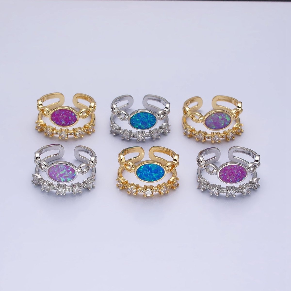 24K Gold Filled Pink, Purple, Blue Oval Opal Cable Link Clear CZ Double Band Ring in Gold & Silver | O-1797~O-1802
