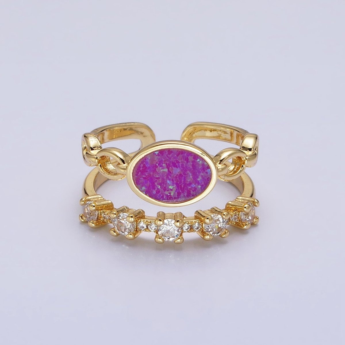 24K Gold Filled Pink, Purple, Blue Oval Opal Cable Link Clear CZ Double Band Ring in Gold & Silver | O-1797~O-1802