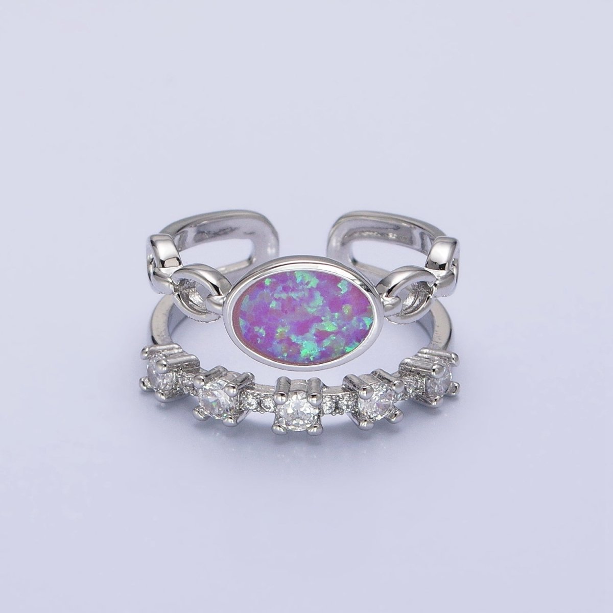 24K Gold Filled Pink, Purple, Blue Oval Opal Cable Link Clear CZ Double Band Ring in Gold & Silver | O-1797~O-1802