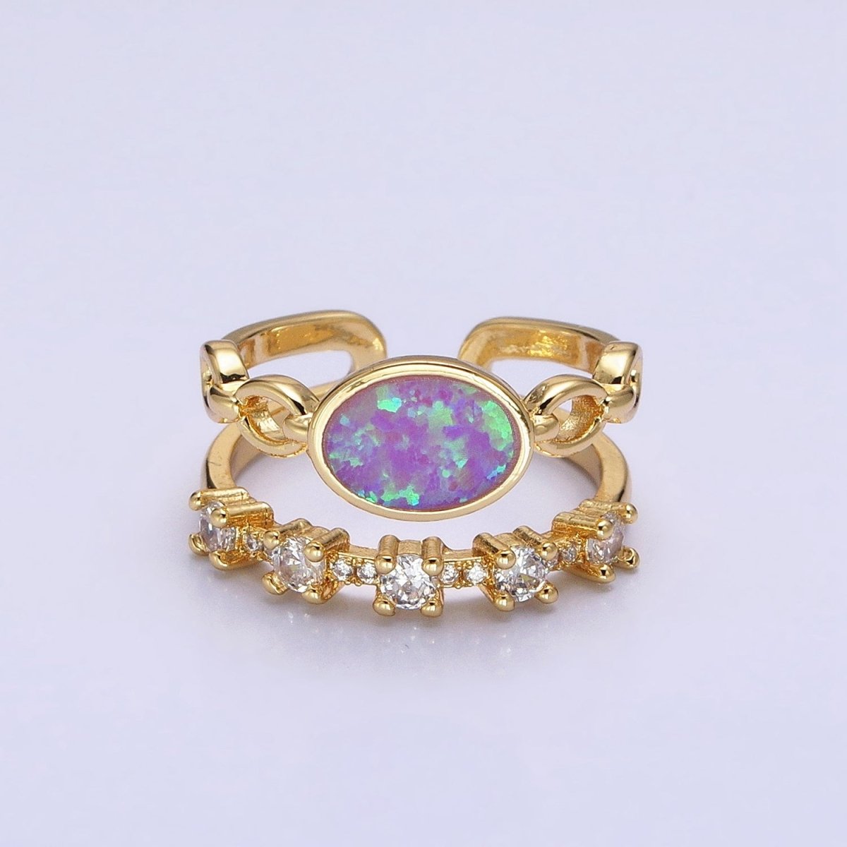 24K Gold Filled Pink, Purple, Blue Oval Opal Cable Link Clear CZ Double Band Ring in Gold & Silver | O-1797~O-1802