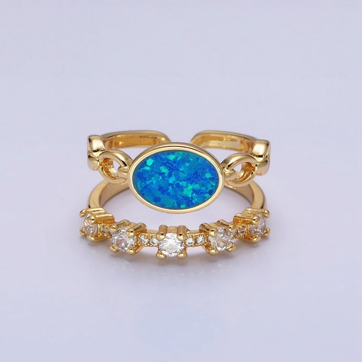 24K Gold Filled Pink, Purple, Blue Oval Opal Cable Link Clear CZ Double Band Ring in Gold & Silver | O-1797~O-1802
