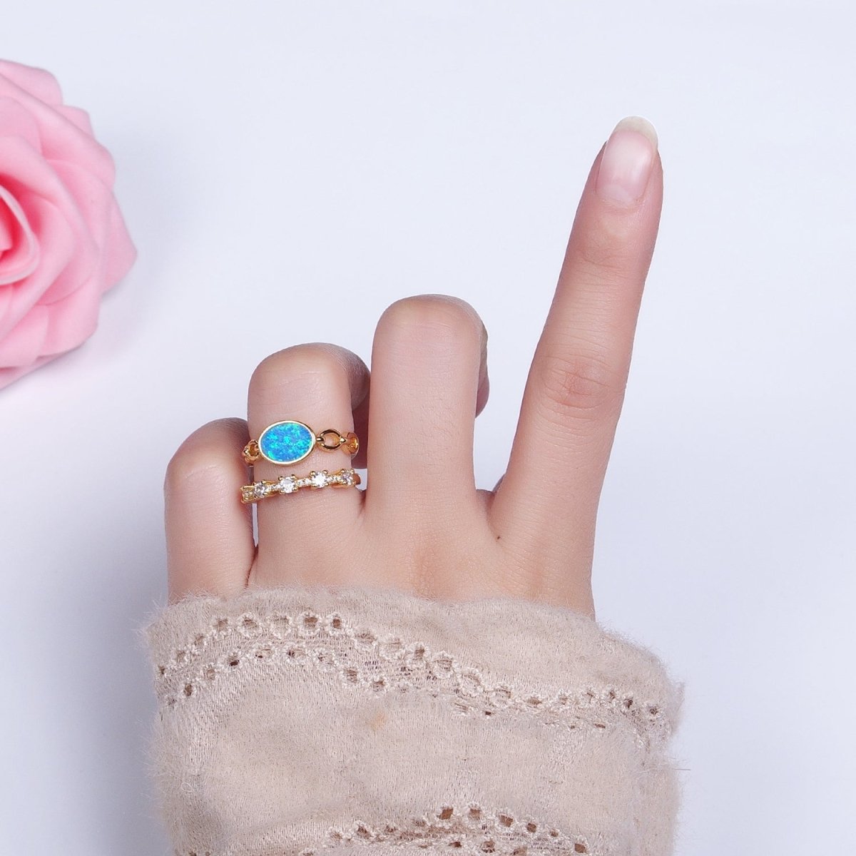 24K Gold Filled Pink, Purple, Blue Oval Opal Cable Link Clear CZ Double Band Ring in Gold & Silver | O-1797~O-1802