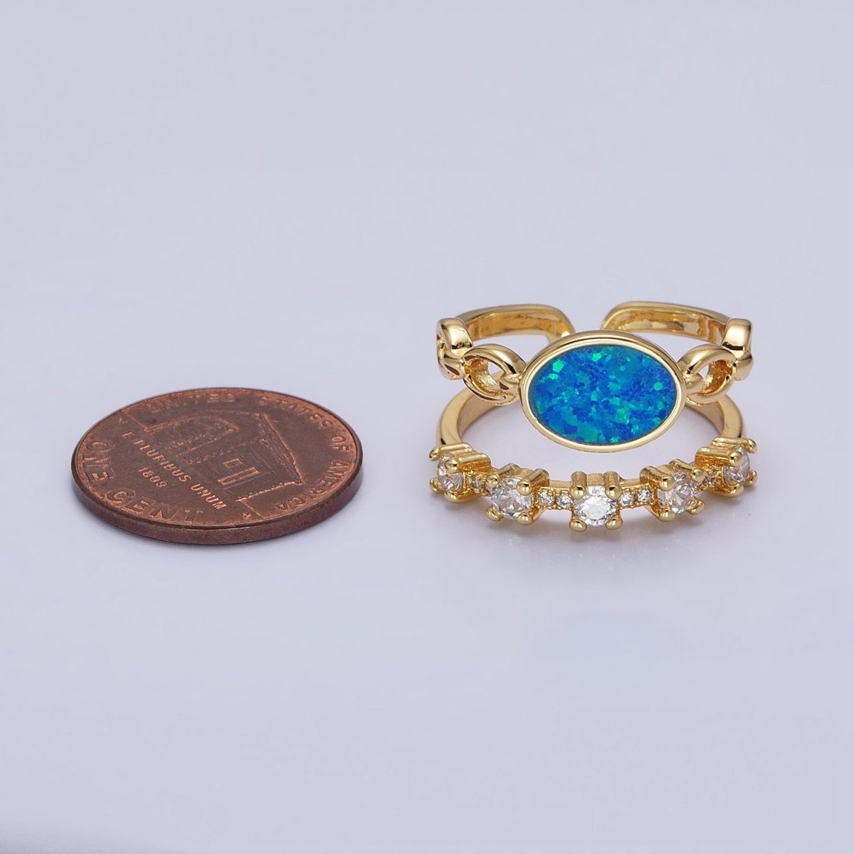 24K Gold Filled Pink, Purple, Blue Oval Opal Cable Link Clear CZ Double Band Ring in Gold & Silver | O-1797~O-1802
