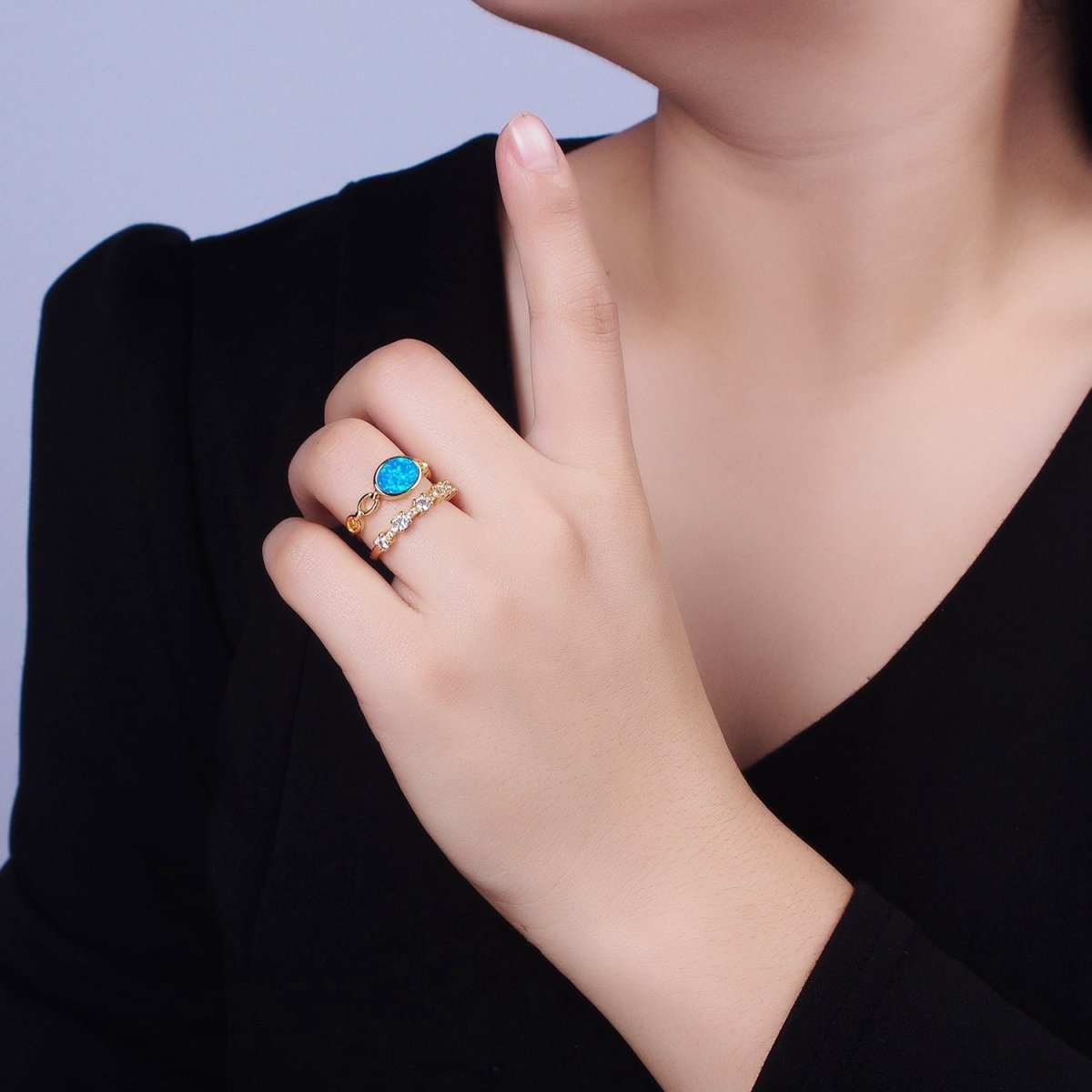 24K Gold Filled Pink, Purple, Blue Oval Opal Cable Link Clear CZ Double Band Ring in Gold & Silver | O-1797~O-1802