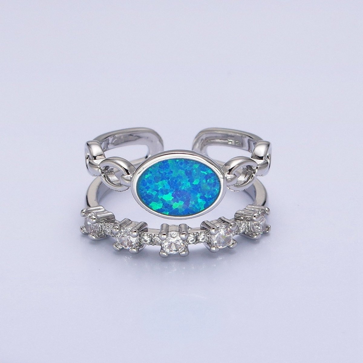24K Gold Filled Pink, Purple, Blue Oval Opal Cable Link Clear CZ Double Band Ring in Gold & Silver | O-1797~O-1802