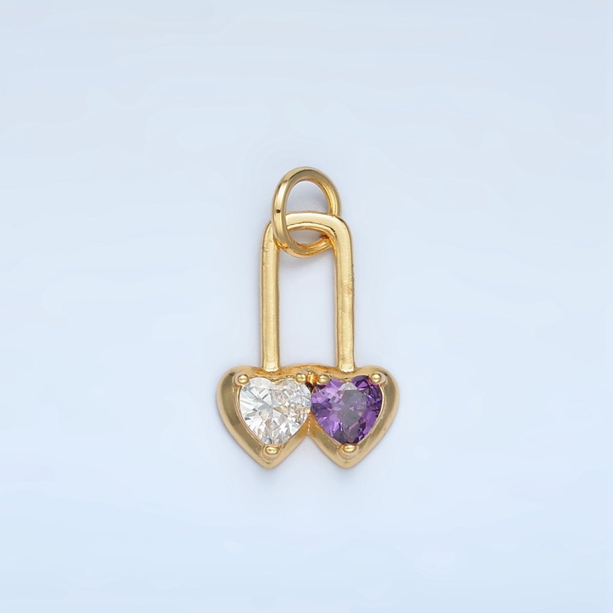 24K Gold Filled Pink, Purple Double Heart Safety Pin Padlock Charm | W183