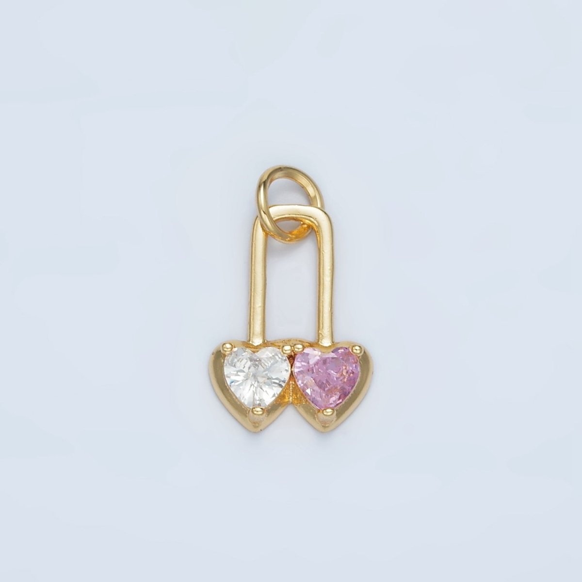 24K Gold Filled Pink, Purple Double Heart Safety Pin Padlock Charm | W183