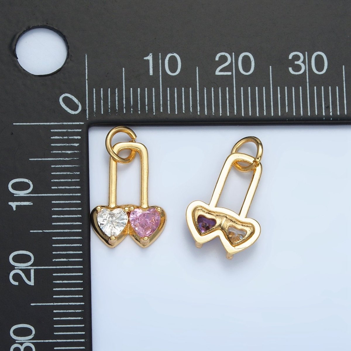 24K Gold Filled Pink, Purple Double Heart Safety Pin Padlock Charm | W183