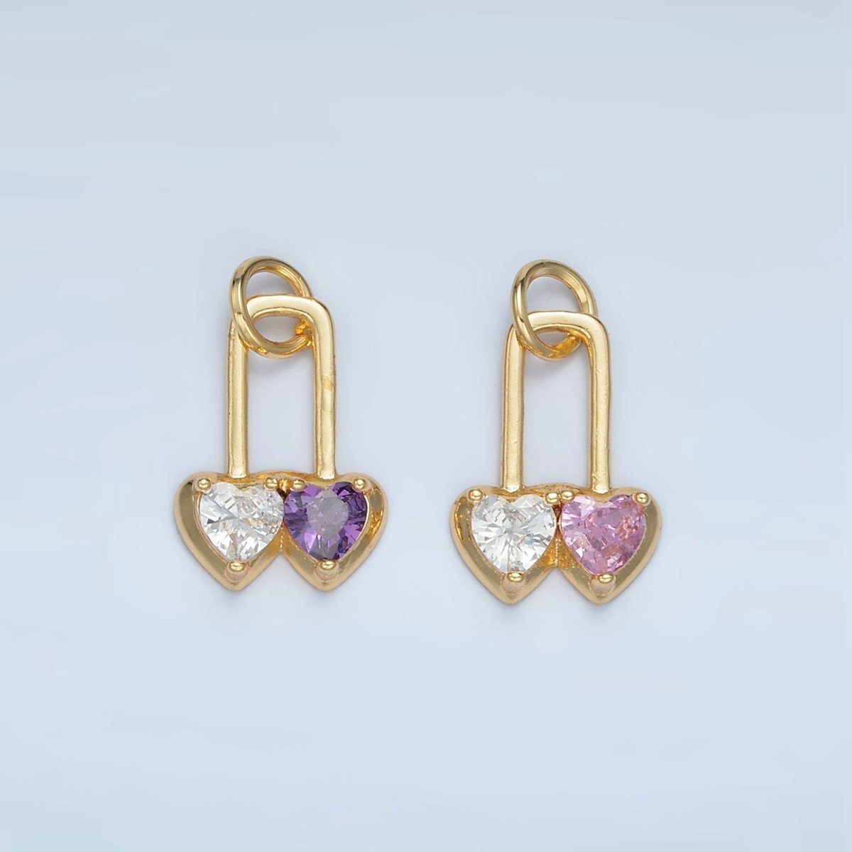 24K Gold Filled Pink, Purple Double Heart Safety Pin Padlock Charm | W183