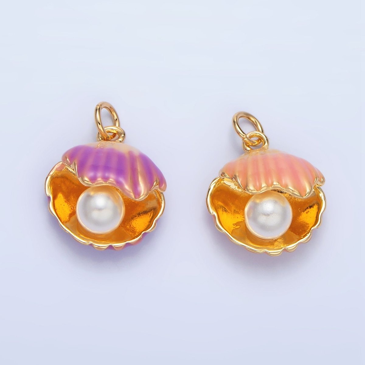 24K Gold Filled Pink, Purple Enamel Clam Sea Shell Pearl Charm | X610