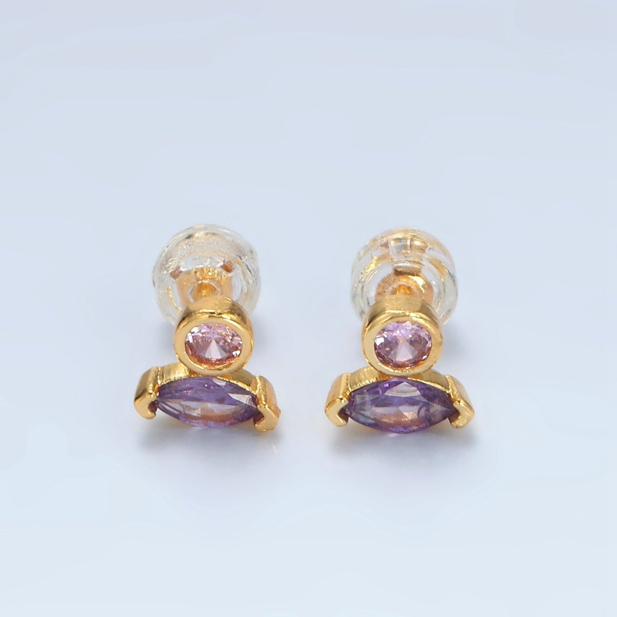 24K Gold Filled Pink, Purple, Green, Clear Marquise Round CZ Stud Earrings | AB1236 - AB1239