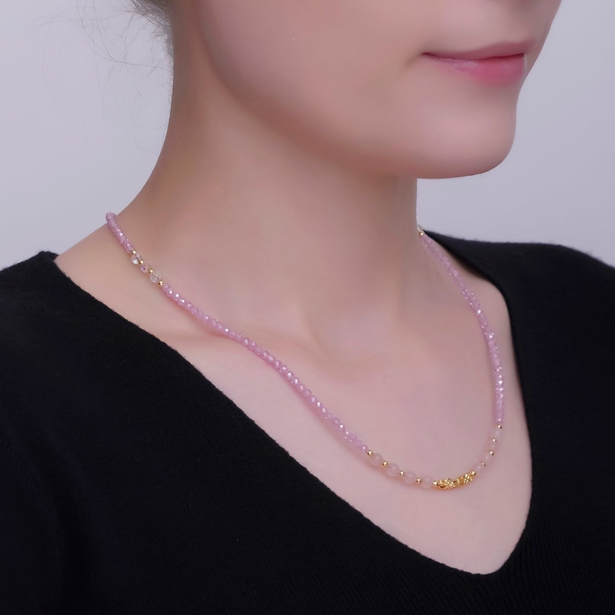24K Gold Filled Pink Quartz Multifaceted Crystal Gemstone 18 Inch Necklace | WA - 2875 - DLUXCA