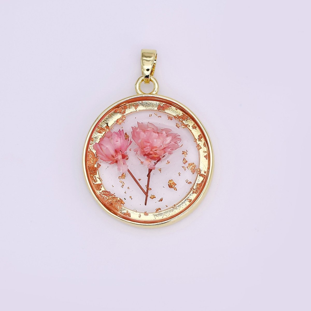 24K Gold Filled Pink Red Rose Flower Acrylic Round Pendant | AA1507 - DLUXCA