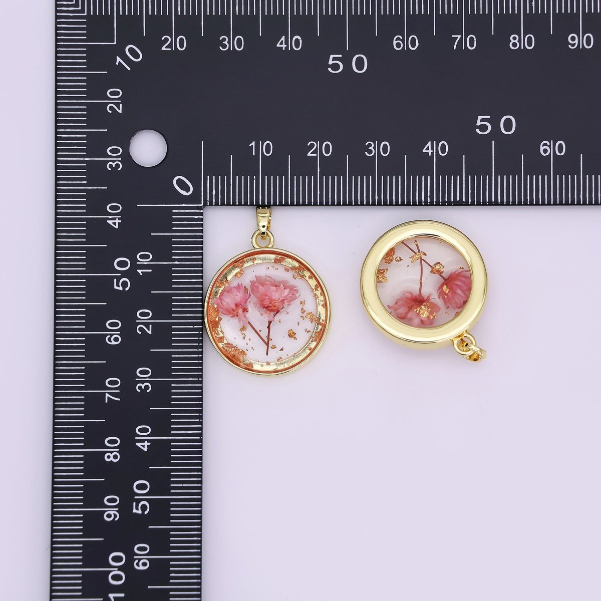 24K Gold Filled Pink Red Rose Flower Acrylic Round Pendant | AA1507 - DLUXCA