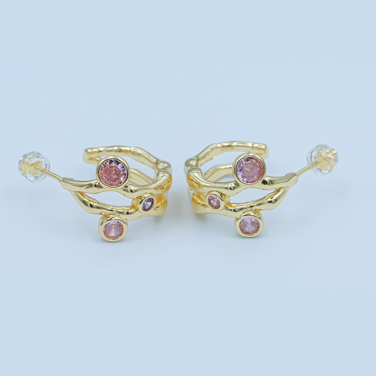 24K Gold Filled Pink Round CZ Molten C - Shaped Hoop Earrings | AB339 - DLUXCA