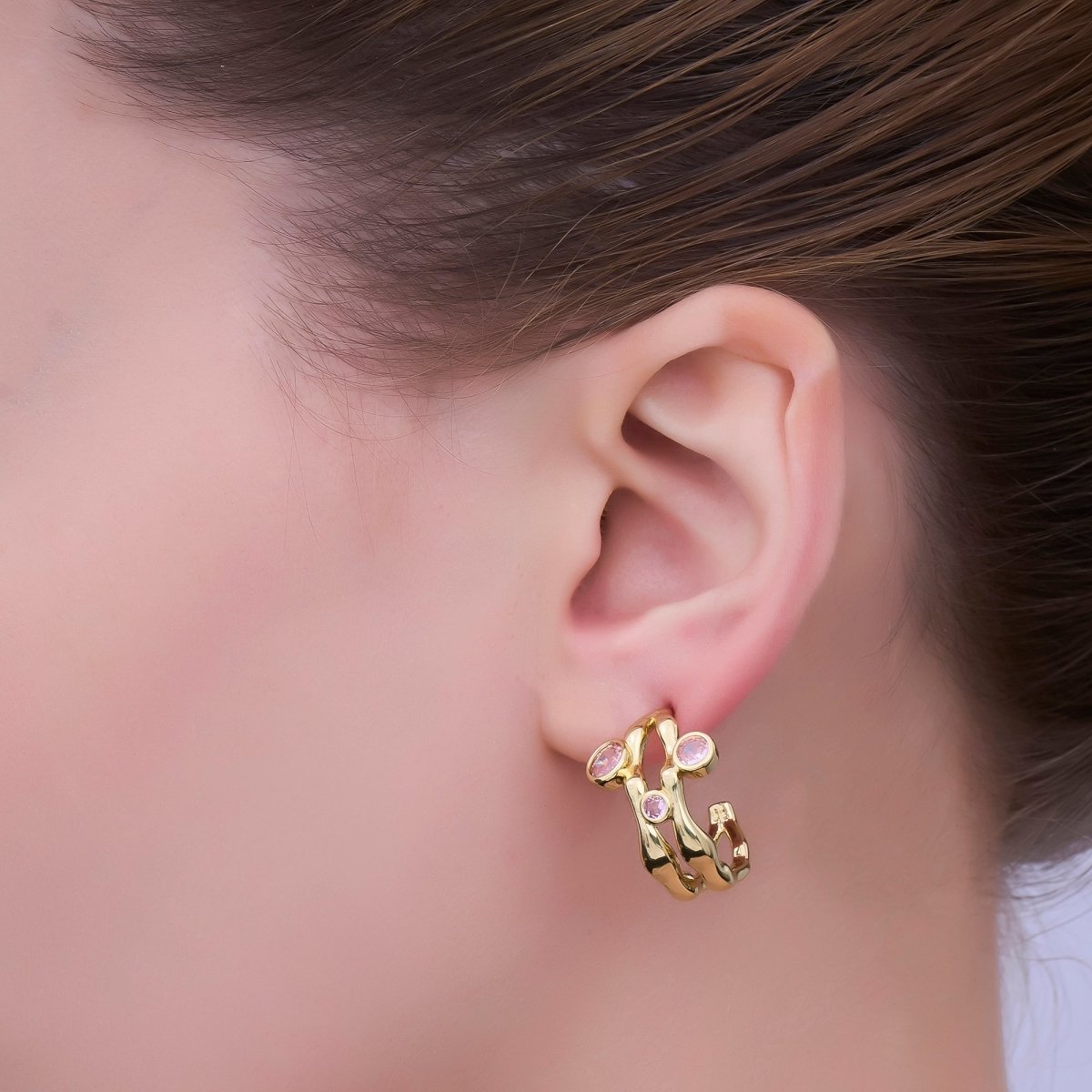 24K Gold Filled Pink Round CZ Molten C - Shaped Hoop Earrings | AB339 - DLUXCA