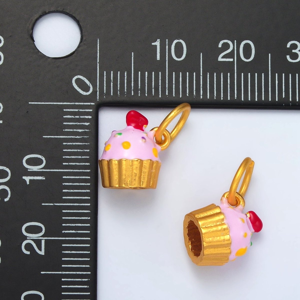 24K Gold Filled Pink, Sprinkled Cover Cupcake w/ Cherry Enamel Charms | AG922 - DLUXCA