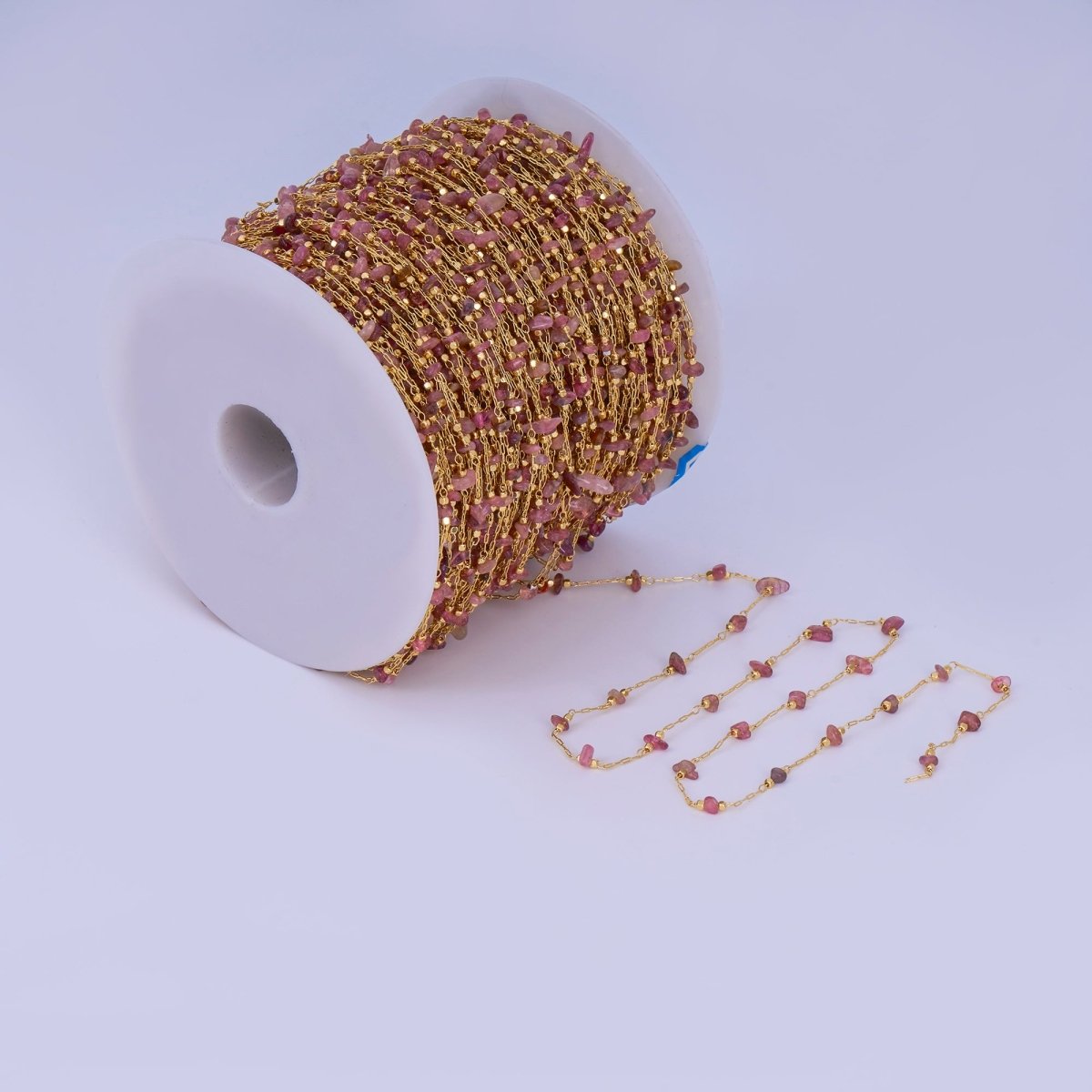 24K Gold Filled Pink Tourmaline Crystal Gemstone Link Unfinished Chain by Yard | Roll - 1660 - DLUXCA