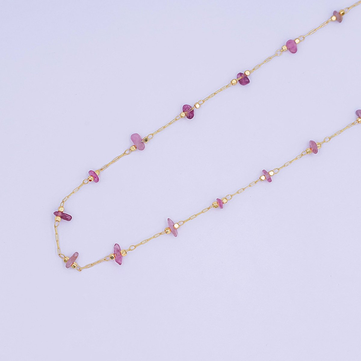 24K Gold Filled Pink Tourmaline Crystal Gemstone Link Unfinished Chain by Yard | Roll - 1660 - DLUXCA