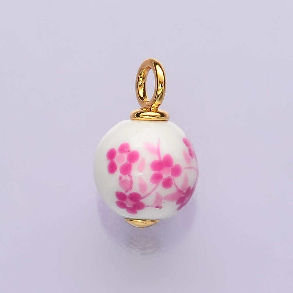 24K Gold Filled Pink Violet Round Ceramic Drop Pendant | C671 - DLUXCA
