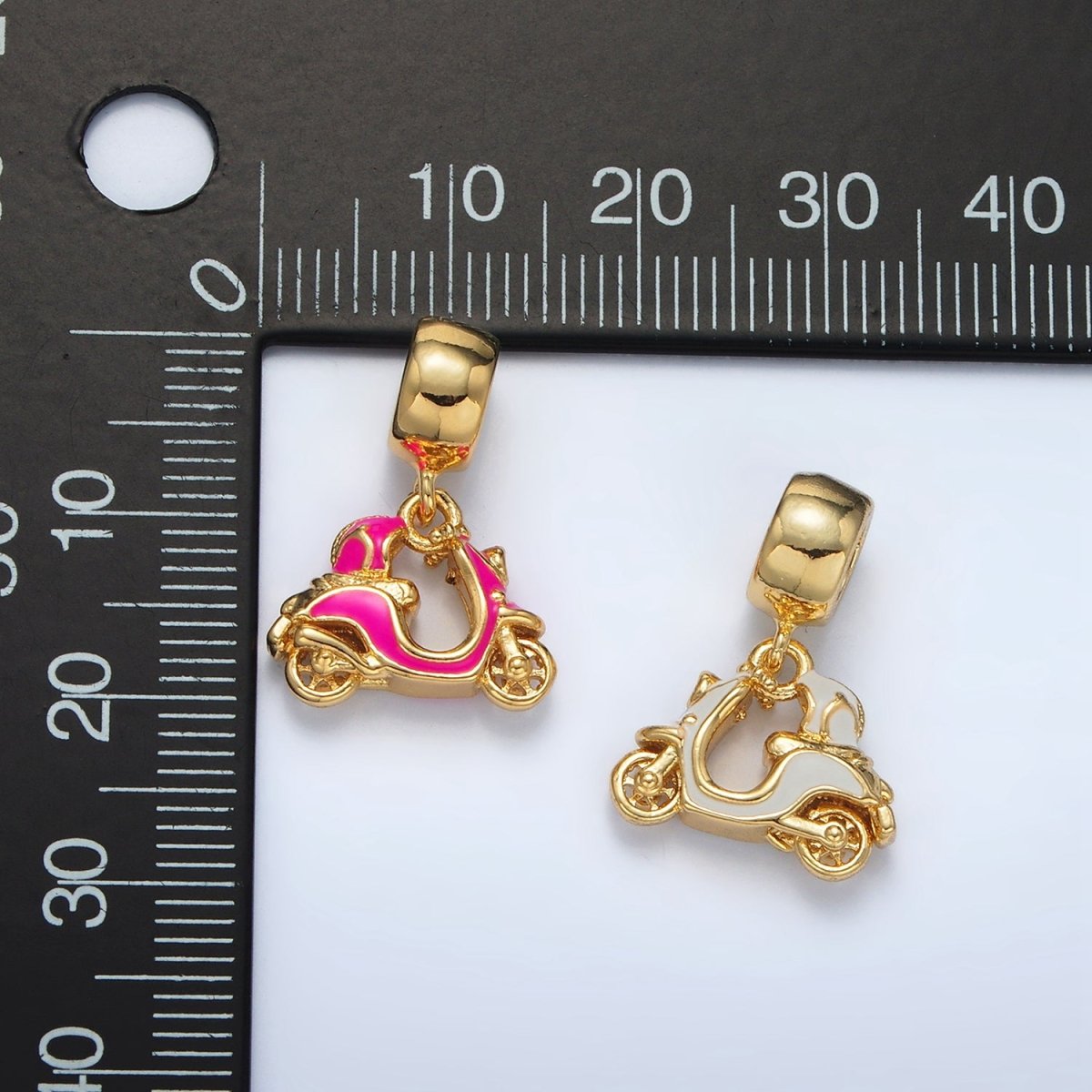 24K Gold Filled Pink, White Enamel Motorbike Scooter Vehicle Rhondelle Bail Drop Pendant | AC095