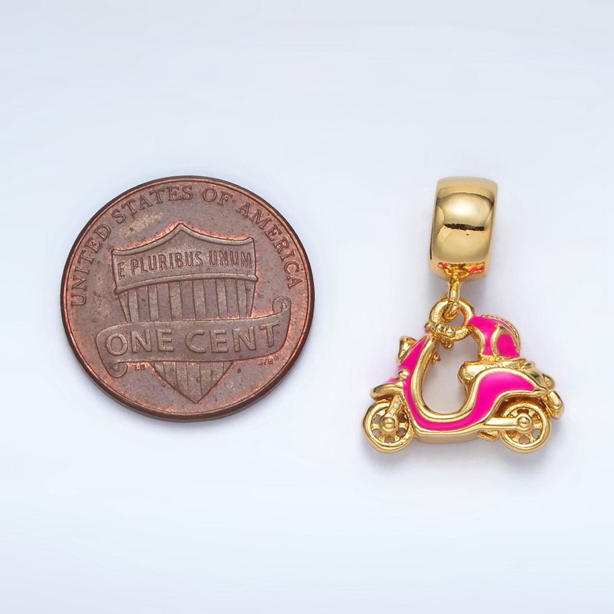 24K Gold Filled Pink, White Enamel Motorbike Scooter Vehicle Rhondelle Bail Drop Pendant | AC095