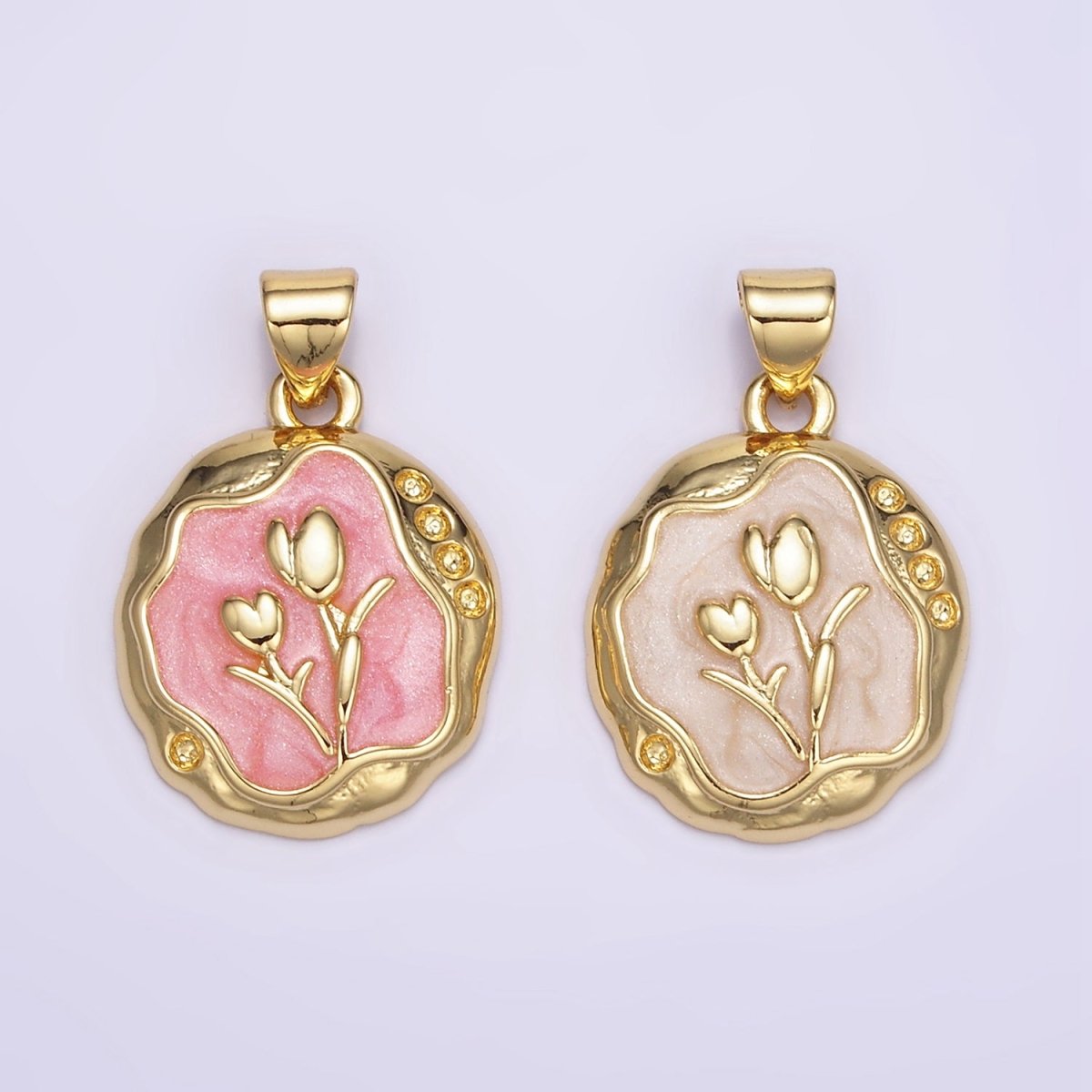 24K Gold Filled Pink, White Glitter Enamel Tulip Hammered Bezel Pendant | AA069