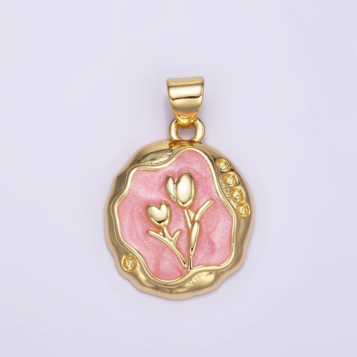 24K Gold Filled Pink, White Glitter Enamel Tulip Hammered Bezel Pendant | AA069
