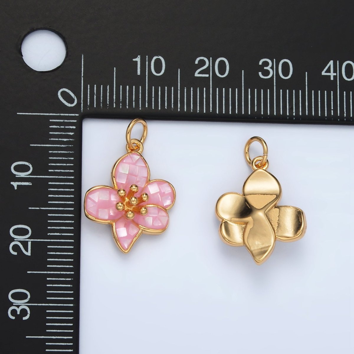24K Gold Filled Pink, White Opal Hibiscus Flower Mini Charm | AG877