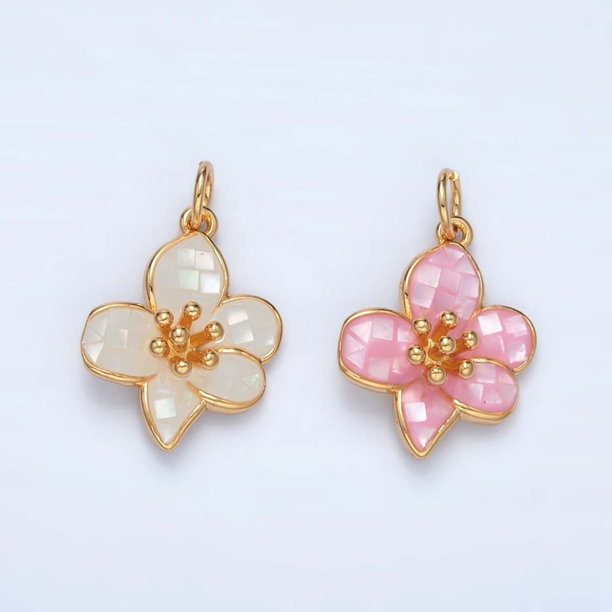 24K Gold Filled Pink, White Opal Hibiscus Flower Mini Charm | AG877
